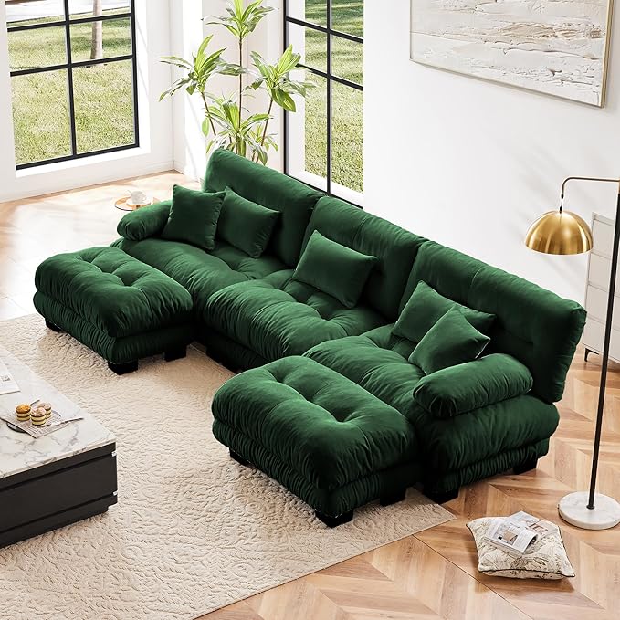 Modular Sectional Sofa, Comfy Cloud Couch 3 Seater Couch with Ottoman, Sectional Couches for Living Room, Modern Chenille U Shaped Couches, Sleeper Deep Seat Sofa with Throw Pillows, Green