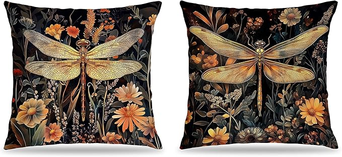 Vintage William Morris Inspired Dragonfly Pillow Covers 18x18, Dark Cottagecore Botanical Wildflower Decorative Throw Pillow Covers for Bedroom Living Room Home, Cottagecore Room Decor