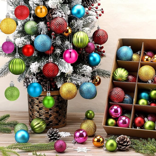64 Pcs Neon Christmas Ball Ornaments Bright Christmas Ornaments Shatterproof Glitter Neon Red Pink Yellow Blue Green Xmas Baubles 1.6/1.97/2.4 Inch 80s 90s Christmas Ornaments for Tree Home