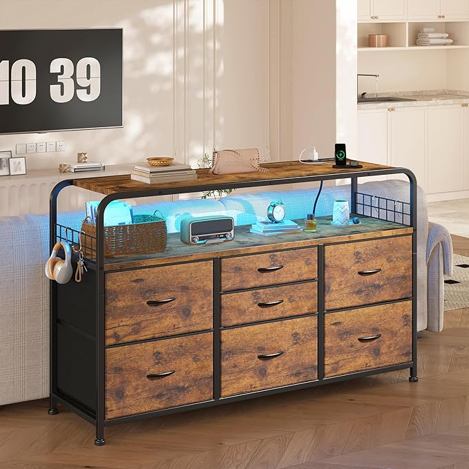 TV Stand for Bedroom with LED Lights & Charging Station, 7 Drawer with Open Shelf, Media Console for Living Room & Chest of Drawers for Closet, Entryway, Hallway, 4 Hooks, Rustic Brown