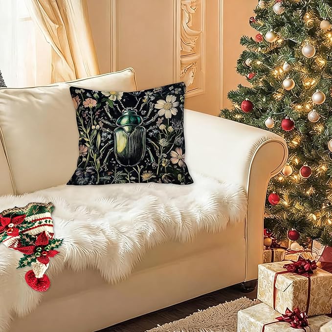 William Morris Inspired Floral Green Beetle Pillow Covers 18x18, Dark Cottagecore Botanical Wildflower Insect Decorative Throw Pillow Covers for Bedroom Living Room Home, Cottagecore Room Decor