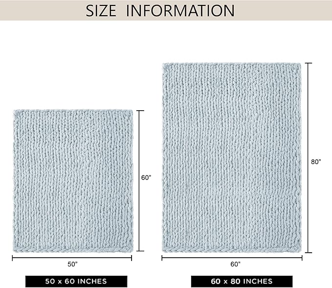 Chunky Knit Throw Blanket 50"X 60", 100% Handmade with Soft Chenille Yarn, 4.4lbs Thick Cable Knitted Blankets, Large Rope Knot Crochet Throws for Couch Sofa Bed Home Decor, Baby Blue