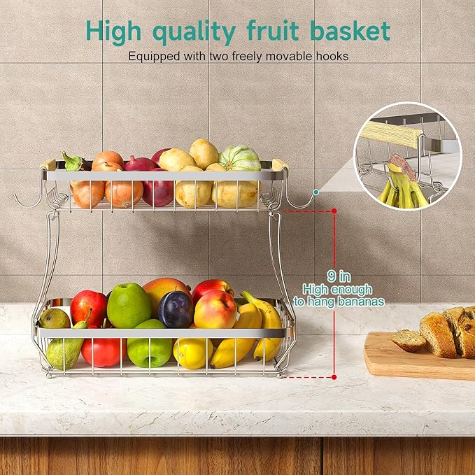2 Tier Fruit Basket for Kitchen Counter with 2 Banana Hangers, 2025 Pro Detachable Metal Fruit Bowl with Wooden Handle,Fruit Holder for Bread Snack Veggies, Silvery