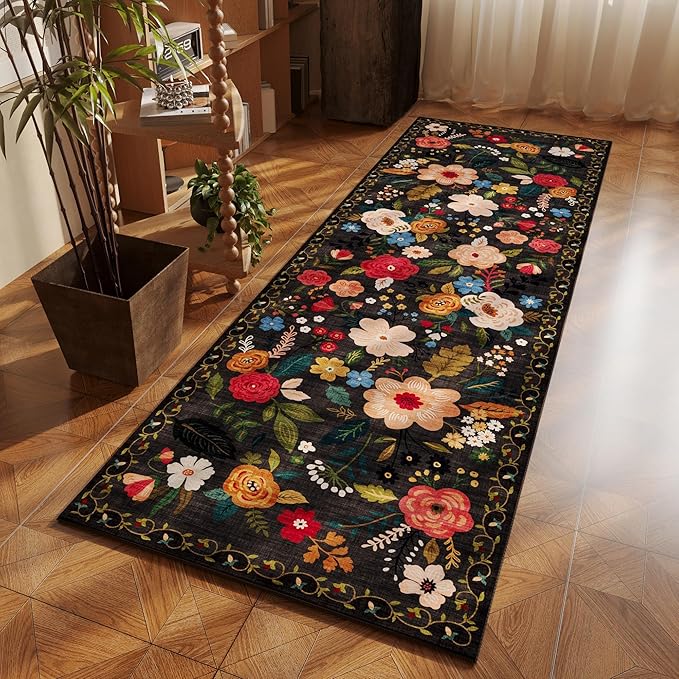 Runner Rug for Hallways Kitchen Rug Non Slip 2'x 6' Washable Runner Rugs with Rubber Backing Soft Floral Carpet Runner for Hallways, Kitchen, Laundry, Bedroom, Bathroom(Black)