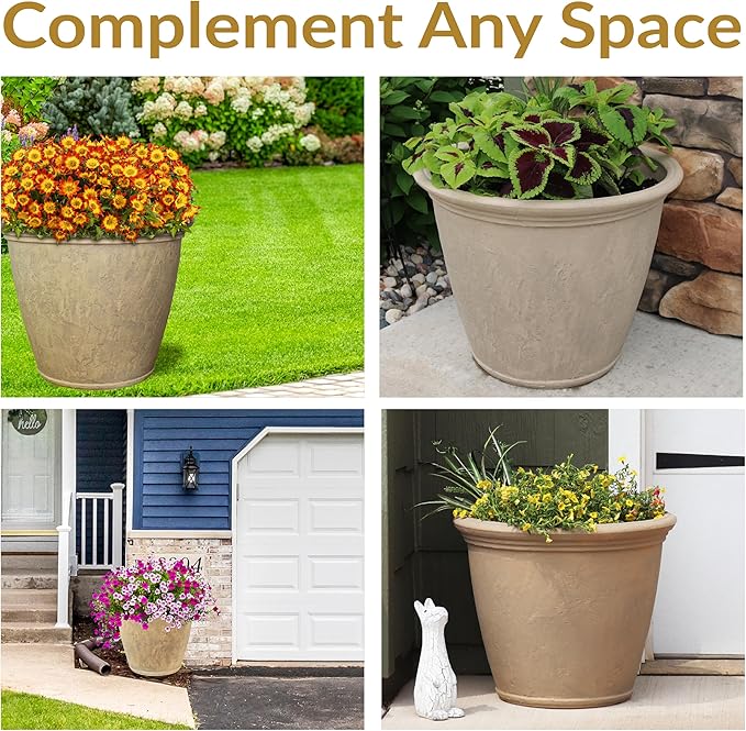 Sunnydaze 24-Inch Anjelica Large Plastic Pot for Plants - Outdoor Polyresin Round Planter with Drillable Drainage Holes - Beige - 2pk