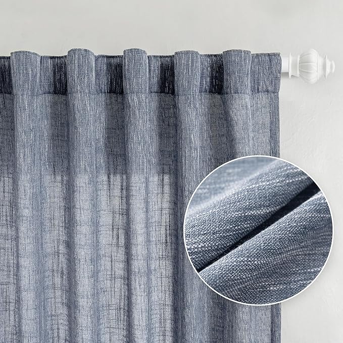 MYSKY HOME Floor Length Curtains Long Panels, Boho Curtains Farmhouse for Living Room Sliding Glass Door, Linen Look Texture Light Filtering, 50" x 95", Dusty Blue, Pack-2
