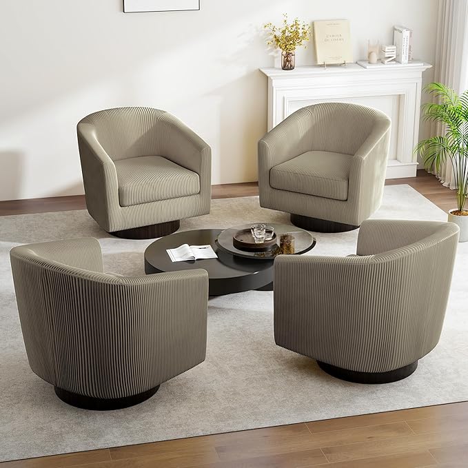 Swivel Barrel Accent Chair, Modern Round Corduroy Fabric Arm Chair for Living Room, Bedroom, Comfy Club Reading Chairs for Adults (Corduroy Camel, Set of 4)