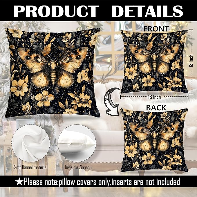 William Morris Inspired Floral Moth Pillow Covers 18x18, Dark Academia Cottagecore Botanical Floral Butterfly Decorative Throw Pillow Covers for Bedroom Living Room Home, Cottagecore Room Decor