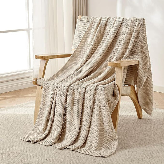 Joydeco Chunky Cable Knit Throw Blanket, Lightweight 100% Organic Cotton Soft Cozy Throw Twin Blanket for Couch Bed and Sofa, Rustic Breathable Farmhouse Blanket Gift for Women Men(Beige, 60"x80")