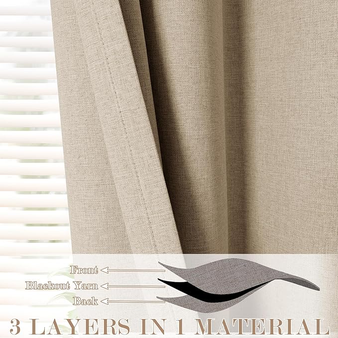 100" W x 96" L Faux Linen Room Divider Curtains, Full Blackout Pinch Pleated Drapes for Traverse Rod, Bedroom Divider Privacy Drapery with Hooks for Ceiling Track, 1 Panel, Sand Beige