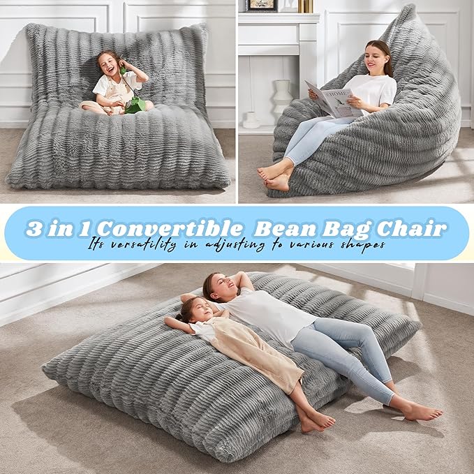 Hobestluk 3 in 1 Bean Bag Chair Giant Bean Bag Chairs for Adults with Ripple Cover Convertible Bean Bag Floor Cushion with Machine Washable Cover for Living Room (Ripple Grey)