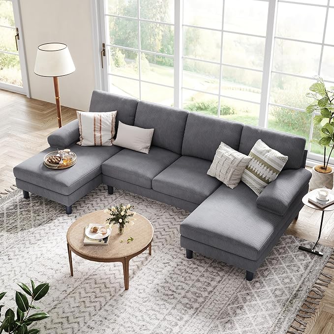 LINSY HOME Sectional Couch, 111'' W Corduroy U Shaped Sofa with Sleepable Armrests, 4 Seat Couch with Double Chaises, Deep Sofa for Living Room, Grey