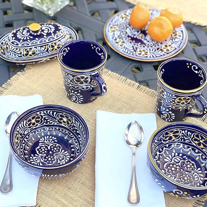 Encantada Handmade Hand-Painted Authentic Mexican Pottery Mugs (2-Pack, Blue Helecho)