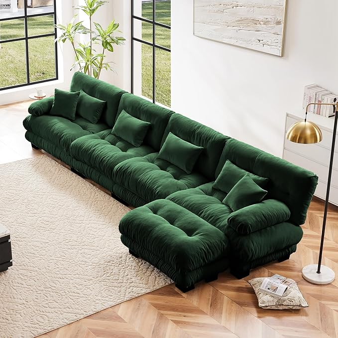 Modular Sectional Sofa, Comfy Cloud Couch 4 Seater Couch with Ottoman, Sectional Couches for Living Room, Modern Chenille L Shaped Couches, Sleeper Deep Seat Sofa with Throw Pillows, Green