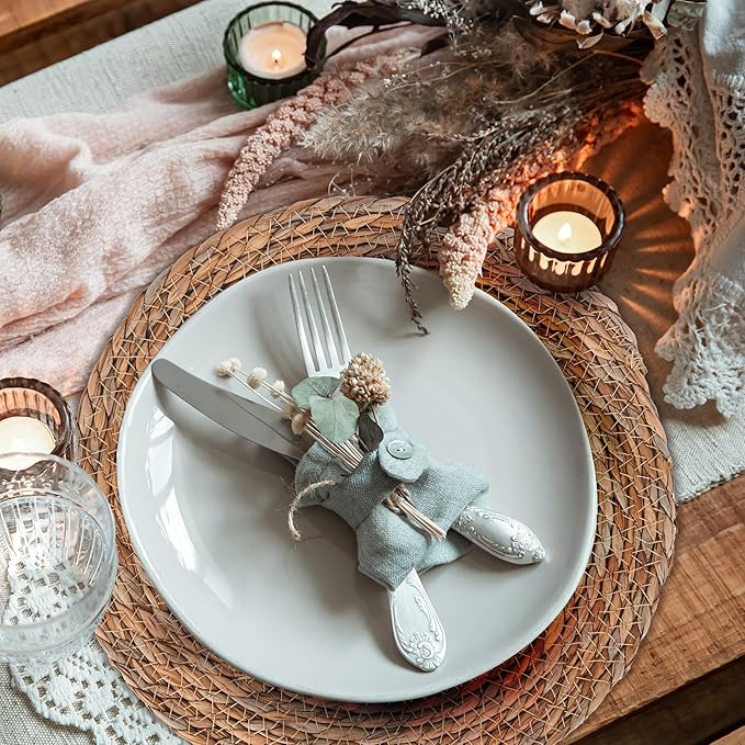 Defined Deco Woven Placemats Set of 6,12" Round Rattan Placemats,Natural Hand-Woven Water Hyacinth Placemats,Farmhouse Weave Place Mats,Rustic Braided Wicker Table Mats for Dining Table,Home,Wedding.