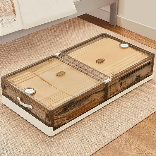 VECELO Under Bed Storage with Wheels, 26.5Gal Stackable Under Bed Storage Containers, Underbed Storage Containers with Lids, Plastic Foldable Folding Box for Clothes Shoes