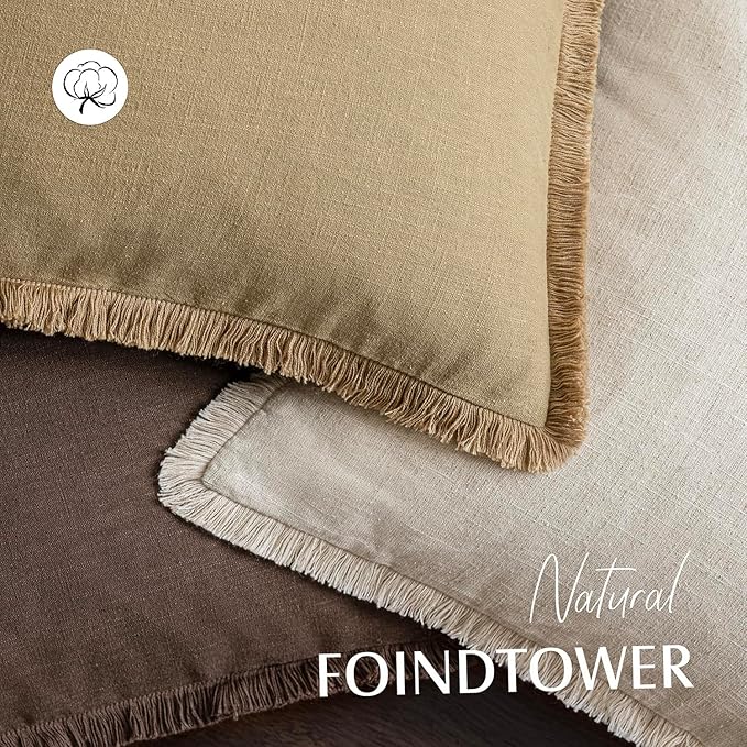 Foindtower Decorative Linen Fringe Throw Pillow Covers Boho Farmhouse Cushion Cover with Tassels Soft Accent Pillowcase for Chair Sofa Bed Living Room Home Decor, 16×16 Inch, 1PC,Light Khaki Taupe