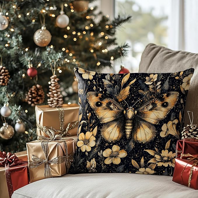 William Morris Inspired Floral Moth Pillow Covers 18x18, Dark Academia Cottagecore Botanical Floral Butterfly Decorative Throw Pillow Covers for Bedroom Living Room Home, Cottagecore Room Decor