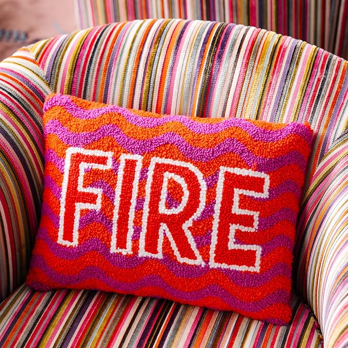 FURBISH Hook Decorative Throw Pillow - Fire - 12"x16" - Small Embroidered Designer Pillow for Living Room, Couch, Sofa, Chair & Bed - Eclectic Home Decor