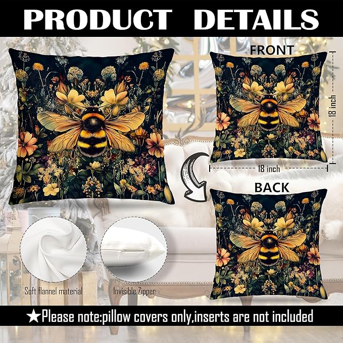 Vintage Moody Floral Bumblebee Pillow Covers 18x18, Moody Dark Cottagecore Botanical Wildflower Bee Decorative Throw Pillow Covers for Home Bedroom Living Room, Bee Decorations for Home