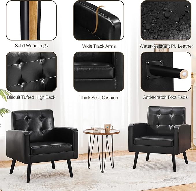 Yaheetech Mid-Century Accent Chairs, PU Leather Modern Upholstered Living Room Chair, Cozy Armchair Button Tufted Back and Wood Legs for Bedroom/Office/Cafe Black