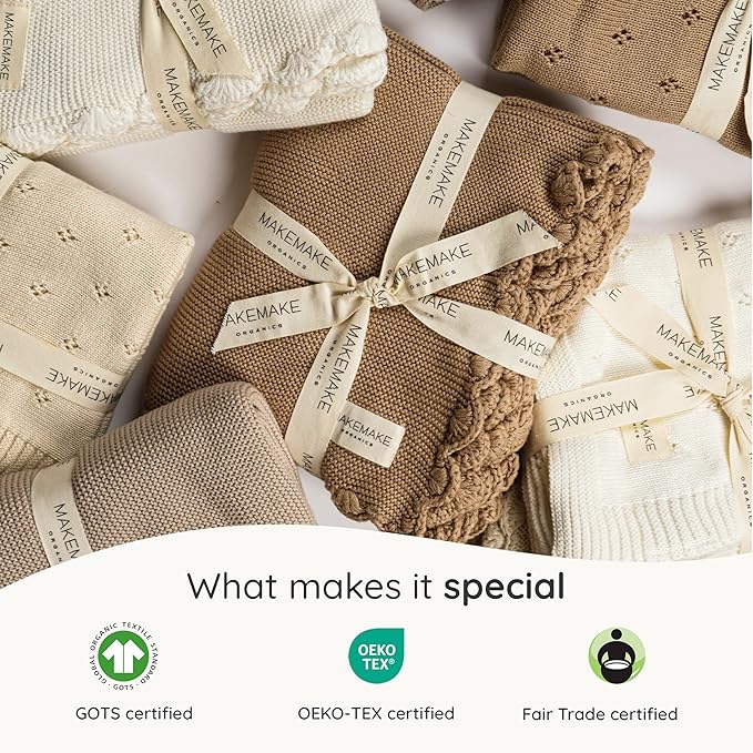 MakeMake Organics Organic Cotton Throw Blanket GOTS Certified Organic Knit Blanket Couch Bed Neutral Fall Colors Soft Cotton Throw Blanket Large (50x60, Brown)