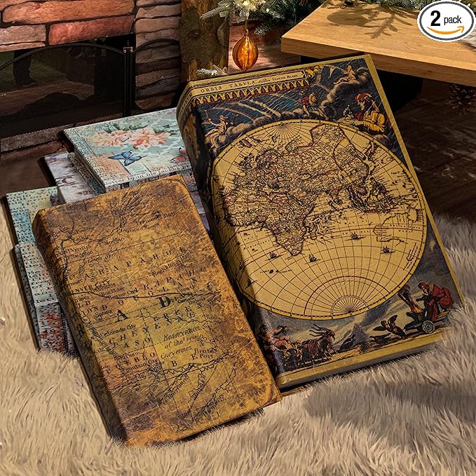 Decorative Book Box Set of 2, Trinket Keepsake Storage Boxes Book Shaped Storage Box Vintage Style Decorative Faux Books Boxes Globe Antique Books for Home Decoration Old World Map Pattern
