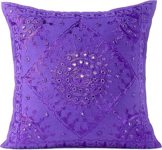 Eyes of India Embroidered Decorative Boho Throw Pillow Cover with Mirrors, Handmade Bohemian Accent Cushion Case for Sofa Couch Bedroom Living Room (Purple, 24" x 24")