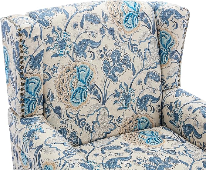 UIXE High Back Floral Accent Chairs Set of 2, Upholstered Armchair in Fabric, Retro Printed Wingback Arm Chair for Living Room, Nailhead Trim Single Sofa Bedroom Reading Seat - Boho Blue