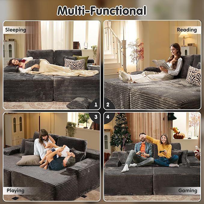 ovios 81" Oversized Sectional Double Lounge Chaise with Cloud Plush Sofa Bed, No Assembly Required, Fluffy Modern Sleeper Loveseat Chair for Indoor Living Room Bedroom Reading, Grey (Plush Fabric)
