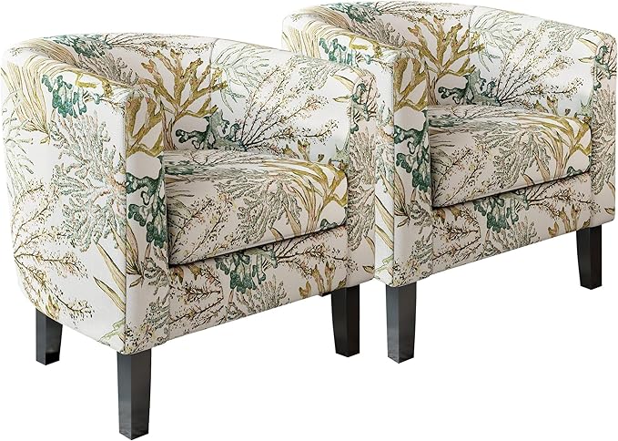 BELLEZE Living Room Chairs Set of 2, Linen Round Accent Barrel Chairs, Club Tub Sofa Chairs for Bedroom, Corner Chairs with Flared Legs and Cozy Soft Padding - Highland (Green Coral)