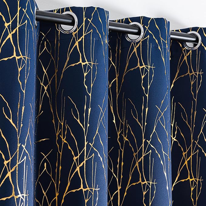 Grommets Blackout Long Window Curtains Navy Blue Gold-52W*84L 2PCS Drapes for Bedroom
