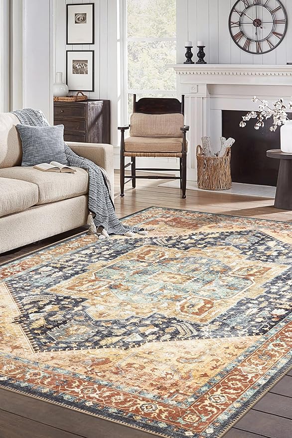 Keen Home Design 8x10 Rug - Machine Washable Area Rug with Non-Slip Backing, Ideal for Living Room, Dining Room, Bedroom - Vintage, Easy Clean, Durable, Low Pile Rug - (8' x 10')