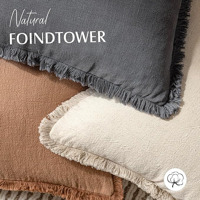 Foindtower Decorative Linen Fringe Throw Pillow Covers Cozy Boho Farmhouse Cushion Cover with Tassels Soft Accent Pillowcase for Chair Sofa Bed Living Room Home Decor, 22×22 Inch, 1PC, Gray