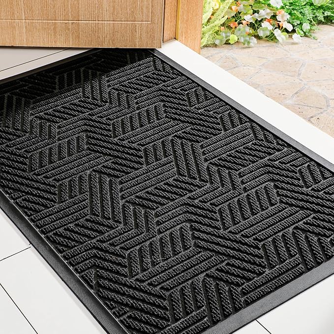 Mibao Front Door Mat Outside Entrance, Durable Outdoor Indoor Mat, Low Profile Heavy Duty Doormat, Non-Slip, Traps Dirt and Moisture, Easy Clean Patio Porch Entryway Mat, 29.5" x 17", Black