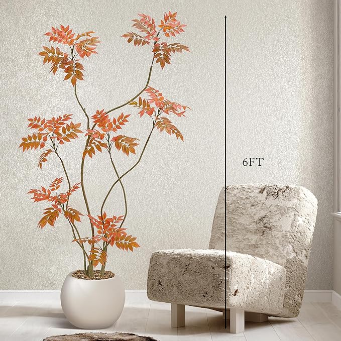 Artificial Mahonia Fortunei Tree 6ft,Tall Fake Plant Artificial Sumac Tree, Faux Plants Indoor Fake Plants Decor with Pots for Home Office Bathroom Bedroom Living Room Decorations Housewarming