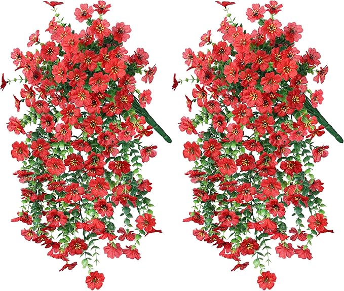 INSPRING Artificial Faux Outdoor Outside Flowers Plants, 2 PCS Fake Silk UV Resistant Look Real Red Daisy Trailing Vines for Front Door Porch Planter Urn Patio Balcony Decoration