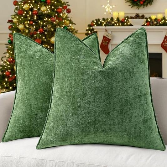 decorUhome Christmas Couch Throw Pillow Covers 16x16 Set of 2, Decorative Soft Euro Neutral Chenille Pillow Covers with Elegant Design for Sofa Bed Living Room Home Decor, Moss Green