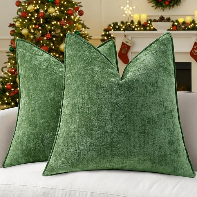 decorUhome Christmas Couch Throw Pillow Covers 26x26 Set of 2, Decorative Soft Euro Neutral Chenille Pillow Covers with Elegant Design for Sofa Bed Living Room Home Decor, Moss Green