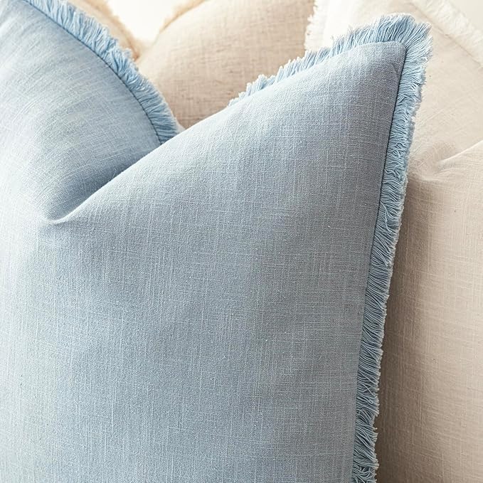 Foindtower Decorative Linen Fringe Lumbar Throw Pillow Covers Cozy Boho Farmhouse Cushion Cover with Tassel Soft Accent Pillowcase for Sofa Bed Living Room Home Decor, 12×20 Inch,1PC,Sky Blue