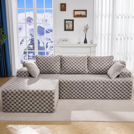 Hobestluk 96” Modular Sectional Sofa Couches L-Shape Couch 3 Seat Modular Sofa Memory Foam Sectional Couches for Living Room, Cloud Couch with Oversized Chaise (Grey, Checked (Left Facing Chaise))