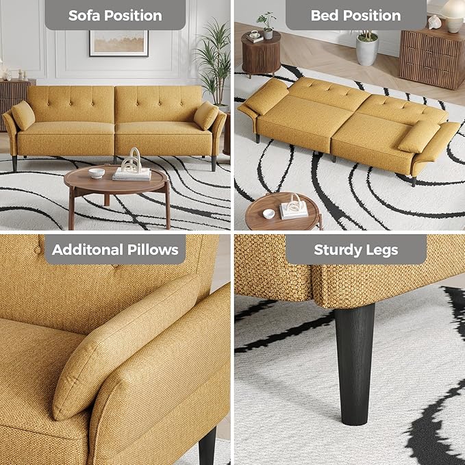 89” Futon Sofa Bed, Linen Comfy Futon Couch Bed with 2 Square Pillows, Convertible Sleeper Sofa with Adjustable Backrest& Armrests, Modern Loveseat Sleeper for Living Room, Bedroom, Yellow