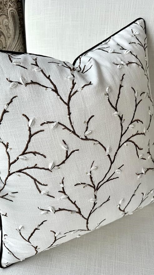 VAGMINE Embroidered Pussy Willow Throw Pillow Cover - 18x18 Inches Square - 100% Cotton Ivory Decorative Cushion Cover - Floral Embroidery - Soft Neutral Accent for Sofa, Bed, Couch, Farmhouse Décor