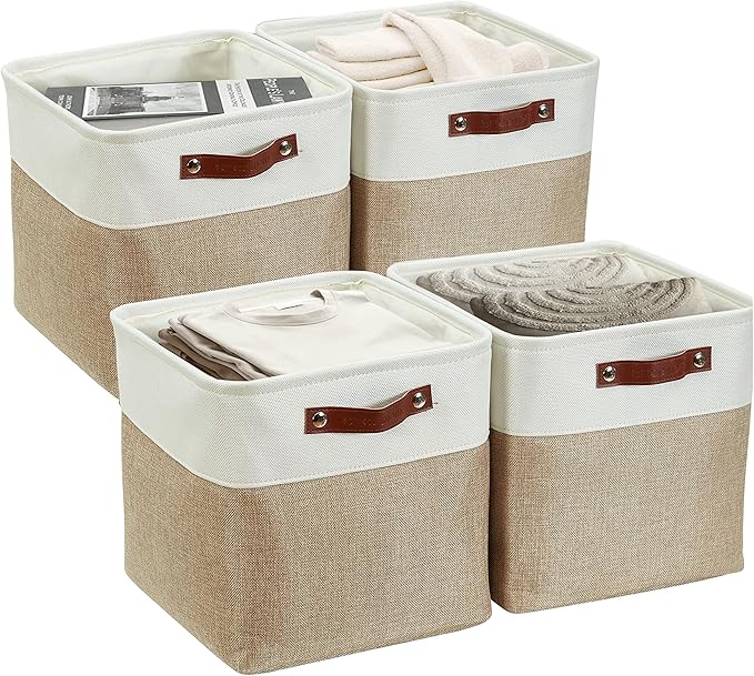 DECOMOMO 13 Inch Cube Storage Bins, Fabric Storage Cube, Basket for Kallax Shelves (Beige & White, Cube 13" - 4 Pack)