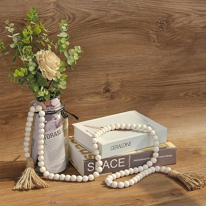 58in Wood Bead Garland with Tassels, Farmhouse Rustic Country Decor Prayer Boho Wall Hanging Decoration (Nature)