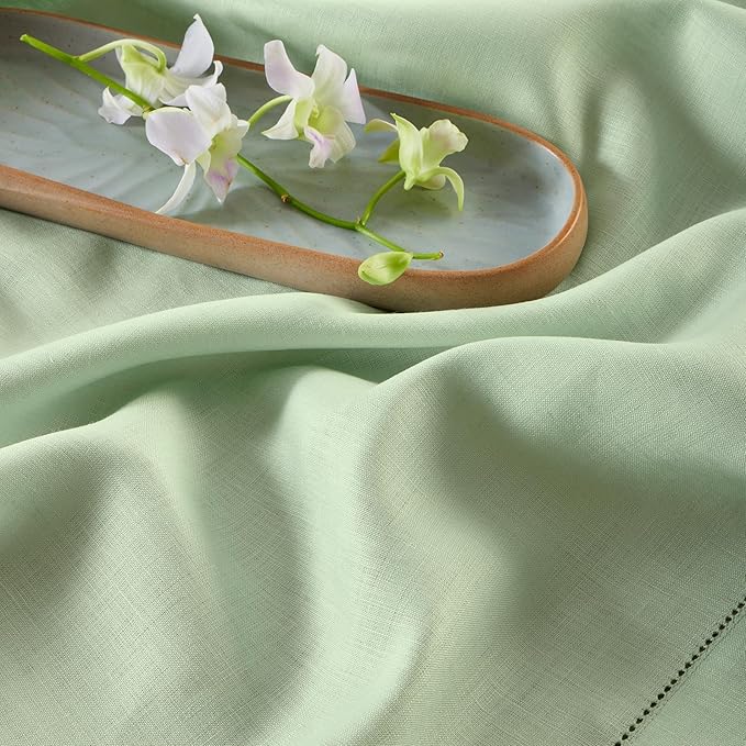 Solino Home Linen Light Green Hemstitch Table Runner 48 Inches - 100% Pure Linen Small Table Runner 14 x 48 Inch Ideal for Dresser and Coffee Tables - Classic Hemstitch