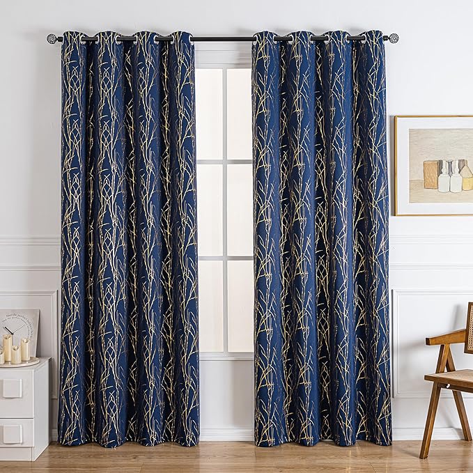 Grommets Blackout Long Window Curtains Navy Blue Gold-52W*84L 2PCS Drapes for Bedroom