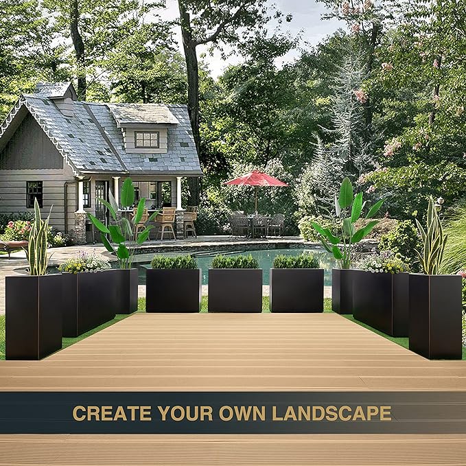 Metallic Heavy Tall Outdoor/Indoor Planter Box 14Lx14Wx30H Inches Rectangular Large Flowerpot, Tall Metal Planter Box for Front Porch ‎25 Pounds, No Assembly Required, Black, 1 Pack