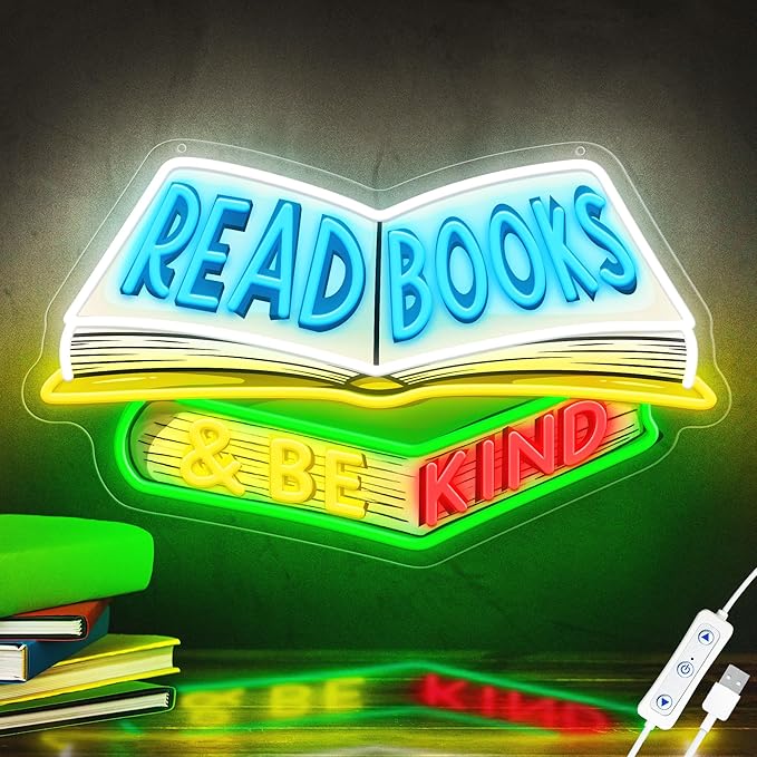 SELICOR Read Books & Be Kind Neon Signs for Wall Decor-Teacher Appreciation Gift,Adjustable LED Book Neon Light Up Sign for Reading Room Study Room Classroom Bookstore Library Museum Cafe Bedroom