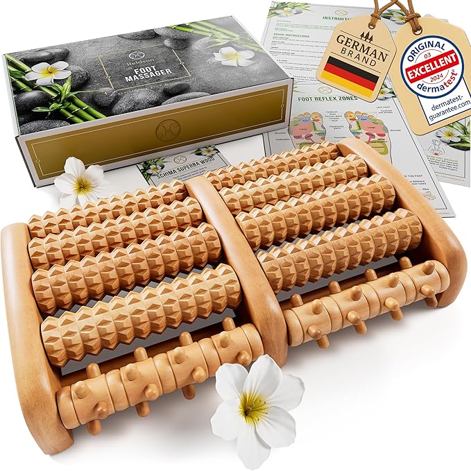 HELDSON® Foot Roller Massager Plantar Fasciitis Pain Relief - Wooden Under Desk Feet Massage - Dual Manual Heel Massagers - Wood Rolling Acupressure Tool with Reflexology Guide - Gift for Men, Women